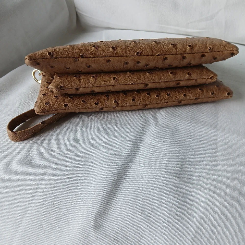 Tan Perforated Faux Leather Wristlet Clutch‎
